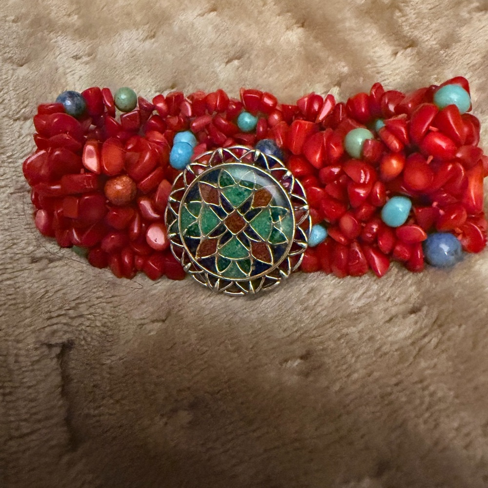 Red Beaded Statement Bracelet with Enamel Medallion